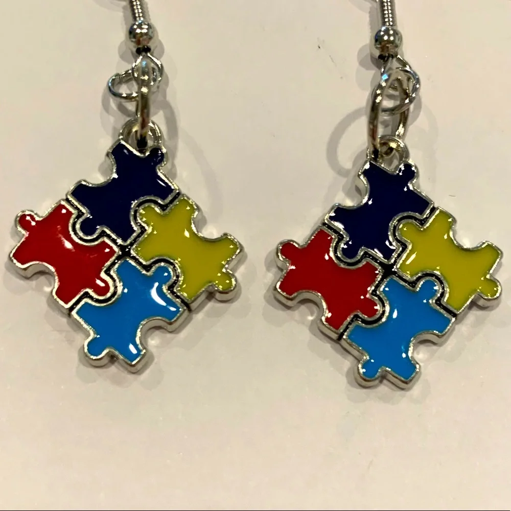 Autism Awareness puzzle piece 🧩 charm earrings - Picture 2 of 6